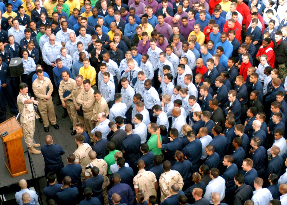 US Navy 031213-N-5070K-001 Master Chief Petty Officer of the Navy (MCPON) Terry Scott addresses the crew of USS Peleliu (LHA 5)