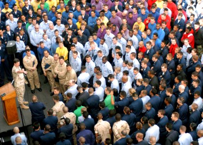 US Navy 031213-N-5070K-001 Master Chief Petty Officer of the Navy (MCPON) Terry Scott addresses the crew of USS Peleliu (LHA 5)