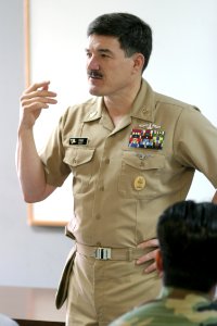 US Navy 031118-N-3228G-003 Master Chief Petty Officer of the Navy (MCPON) Terry Scott congratulates and advises newly-frocked Sailors in a petty officer indoctrination class at the Naval Station Pearl Harbor Career Information