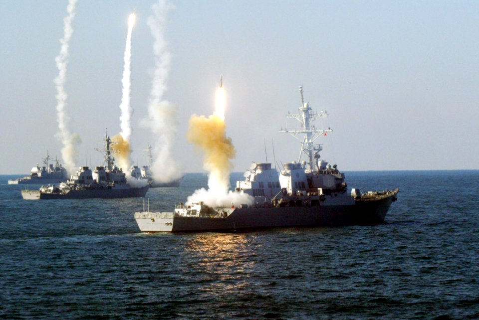 US Navy 031200-N-0000X-001 The guided missile cruiser USS Vicksburg (CG 69), and the guided missile destroyers USS Roosevelt (DDG 80), USS Carney (DDG 64) and USS The Sullivans (DDG 68) launch a coordinated volley of missiles d