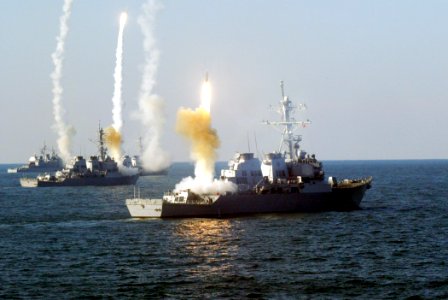 US Navy 031200-N-0000X-001 The guided missile cruiser USS Vicksburg (CG 69), and the guided missile destroyers USS Roosevelt (DDG 80), USS Carney (DDG 64) and USS The Sullivans (DDG 68) launch a coordinated volley of missiles d