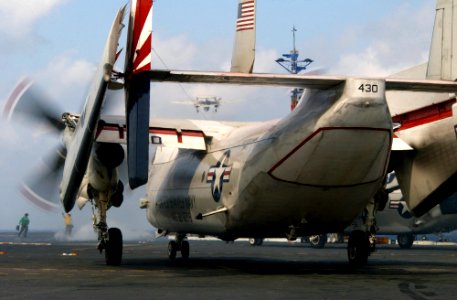 US Navy 031016-N-5821P-005 A C-2A Greyhound assigned to the Providers of Fleet Logistics Squadron Thirty (VRC-30) lines up to be launched from USS Kitty Hawk (CV 63)