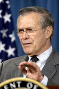 US Navy 031223-D-9880W-080 Secretary of Defense Donald H. Rumsfeld answers a reporter's question at the Pentagon press briefing