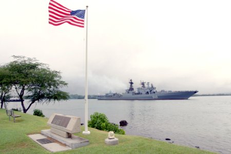 US Navy 031024-N-3228G-001 The Russian Federation Navy Udaloy Class destroyer Marshal Shaposhnikov (DDG 543) passes the USS Nevada Memorial