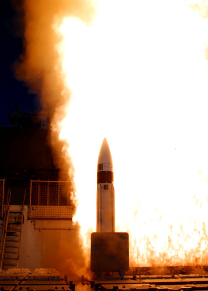 US Navy 031211-N-0000X-004 A Standard Missile-3 (SM-3) is launched from the Aegis cruiser USS Lake Erie (CG 70) as part of the Missile Defense Agency's latest Ballistic Missile Defense System (BMDS)