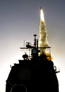 US Navy 031211-N-0000X-001 A Standard Missile-3 (SM-3) is launched from the Aegis cruiser USS Lake Erie (CG 70) as part of the Missile Defense Agency's latest Ballistic Missile Defense System (BMDS)
