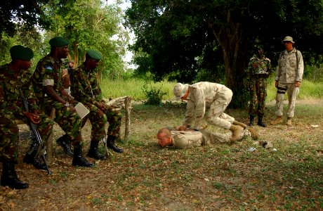 US Navy 040110-N-3236B-002 Members of the 13th Marine Expeditionary Unit (MEU) Special Operations Capable (SOC) security force provide search and takedown training to members of the Kenyan army during Exercise Edged Mallet 04 photo