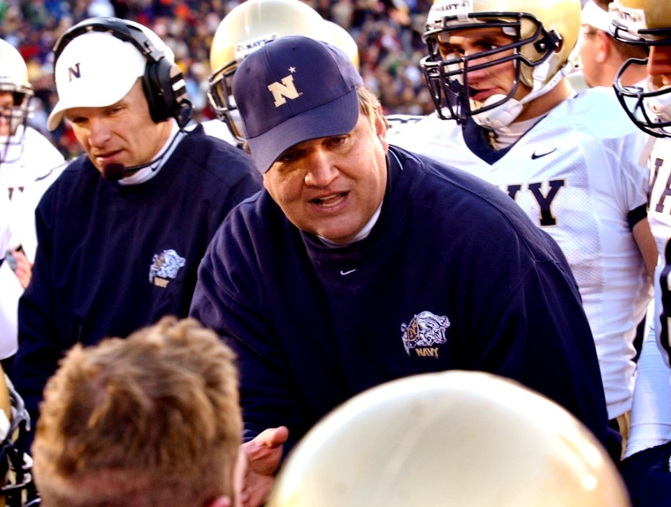 US Navy 031108-N-9593R-134 Navy head coach Paul Johnson talks to players