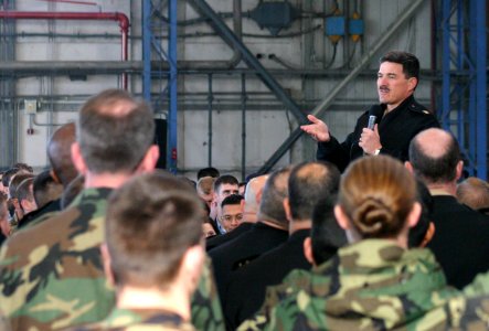 US Navy 031217-N-5821W-003 Master Chief Petty Officer of the Navy (MCPON) Terry D. Scott answers various questions at an all hands call in Hangar 407 at Naval Air Station Sigonella, Sicily