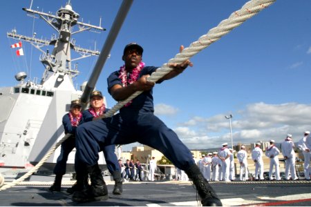 US Navy 031219-N-3228G-005 Line handlers take up slack on the mooring lines
