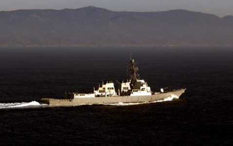 US Navy 040201-N-5319A-005 The Arleigh Burke class guided missile destroyer USS Bulkeley (DDG 84) joins USS George Washington (CVN 73) and Carrier Air Wing Seven (CVW-7) as they transit the Straits of Gibraltar