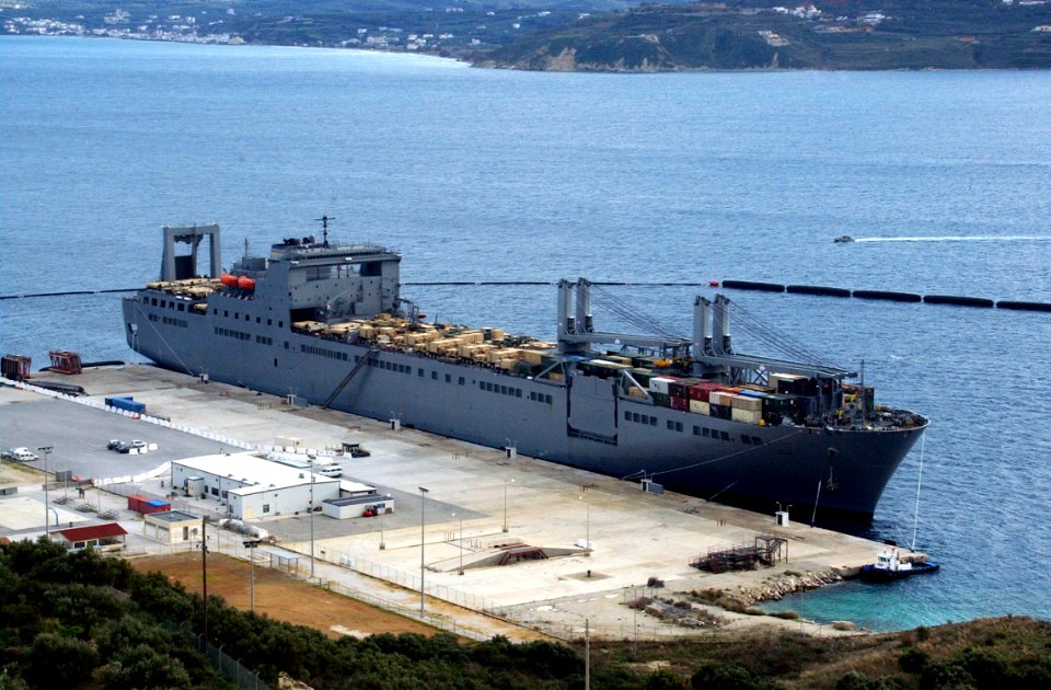 US Navy 040106-N-0780F-008 The Large, Medium-Speed Roll-on-Roll-off Ship USNS Benavidez (T-AKR 306) sits pierside in Souda harbor during a brief port visit