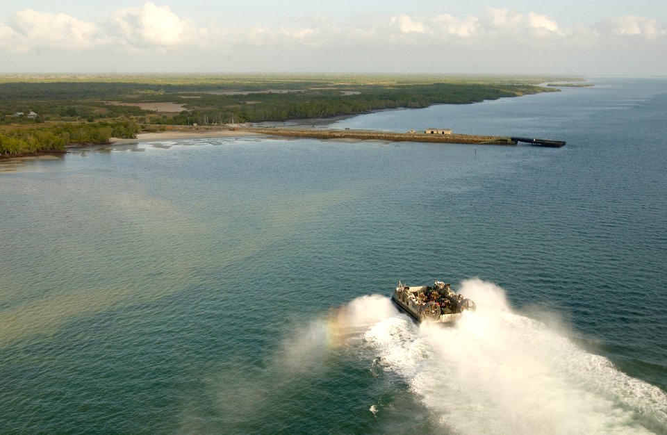 US Navy 040105-N-3236B-006 An aerial view of a Landing Craft Air Cushion (LCAC 63) heading towards Manda Bay Kenyan Naval training area in Kenya, Africa