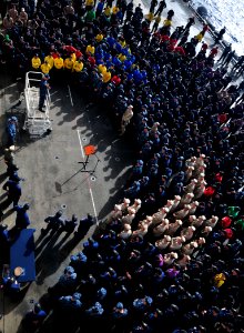 US Navy 110506-N-ZS026-235 Capt. Frank Michael addresses the crew and embarked personnel during an all-hands call aboard USS Boxer (LHD 4)