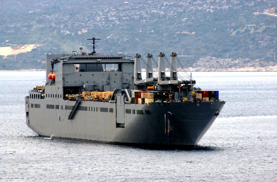 US Navy 040107-N-0780F-018 Large, Medium-Speed Roll-on-Roll-off Ship USNS Benavidez (T-AKR 306) heads out of Souda harbor following a brief port