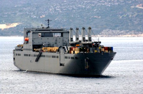 US Navy 040107-N-0780F-018 Large, Medium-Speed Roll-on-Roll-off Ship USNS Benavidez (T-AKR 306) heads out of Souda harbor following a brief port
