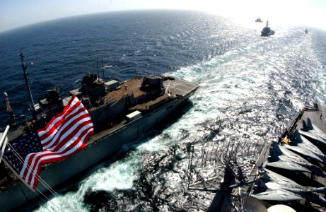 US Navy 040227-N-7871M-087 The Military Sealift Command (MSC) fast combat support ship USNS Supply (T-AOE 6) and the nuclear powered aircraft carrier USS George Washington (CVN 73), conduct an underway replenishment