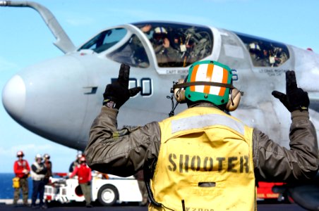 US Navy 040212-N-6278K-001 Lt. Cmdr. Lloyd Mack, of Pensacola, Fla., prepares an EA-6B Prowler assigned to the Patriots of Electronic Attack Squadron One Four Zero (VAQ-140) for launch