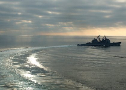 US Navy 040203-N-1082Z-002 The guided missile cruiser USS Vella Gulf (CG 72) maneuvers after a Refueling At Sea (RAS)