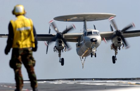 US Navy 040219-N-5821P-005 An E-2C Hawkeye makes an arrested landing aboard the aircraft carrier USS Kitty Hawk (CV 63)
