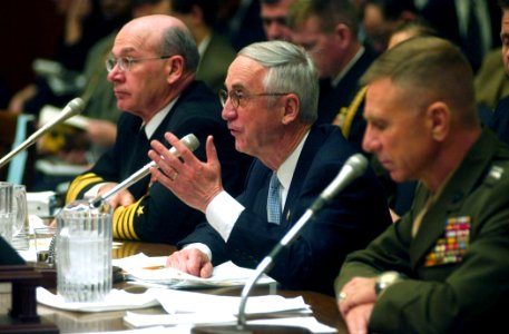 US Navy 040212-N-2568S-001 The Honorable Gordon R. England, Secretary of the Navy (SECNAV) gives testimony to members of the House Armed Services Committee photo