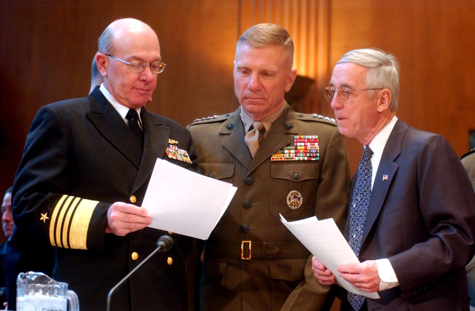 US Navy 040310-N-2568S-004 From left to right, Adm. Vern Clark,Chief of Naval Operations (CNO), Gen. Michael W. Hagee, Commandant of the Marine Corps, and the Honorable Gordon R. England, Secretary of the Navy, prepare their te