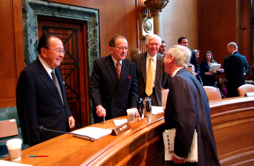 US Navy 040310-N-2568S-098 The Honorable Gordon R. England, Secretary of the Navy, speaks with Senators Daniel Inouye (D-HI), left, Ted Stevens (R-AK), center, and Thad Cochran (R-MS)