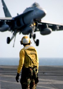 US Navy 040311-N-3986D-063 Aviation Boatswain's Mate 2nd Class Reuben Nicholson, of St. Louis, Ill., watches an F-A-18C Hornet assigned to the Wildcats of Strike Fighter Squadron One Three One (VFA-131)