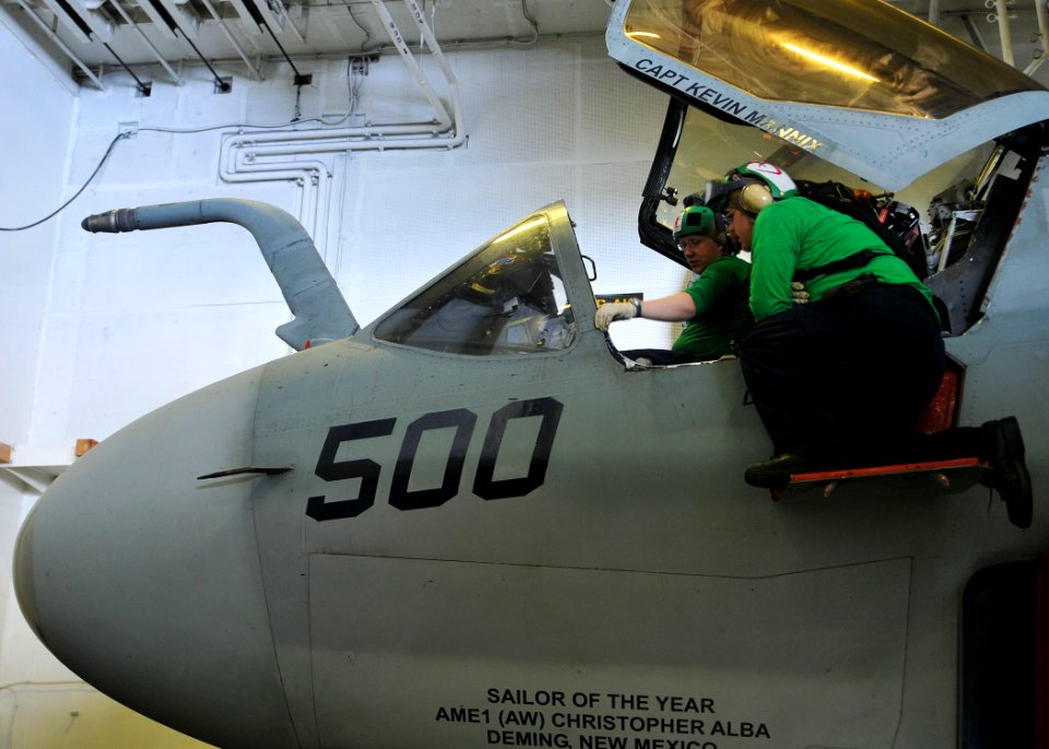 US Navy 110426-N-1004S-062 Sailors conduct maintenance on an EA-6B Prowler