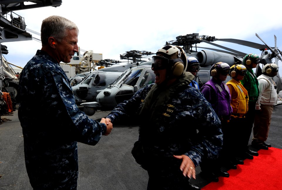 US Navy 110524-N-OY799-160 Rear Adm. Craig Faller greets Rear Adm. Jan Hamby upon her arrival aboard USS John C. Stennis (CVN 74)