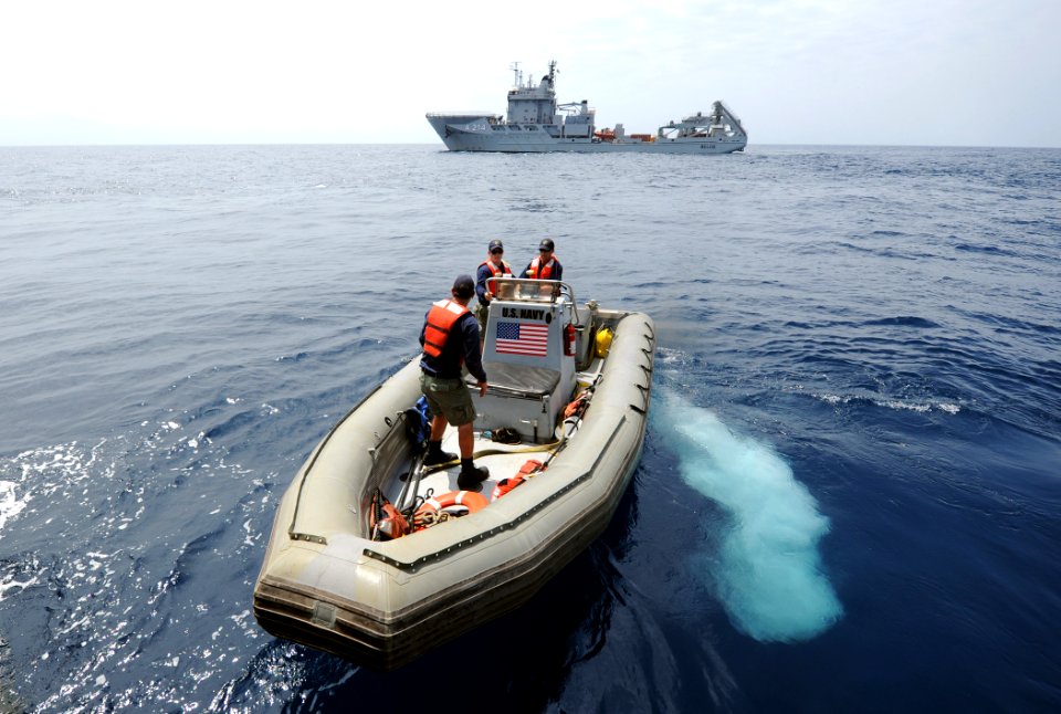 US Navy 110530-N-EC642-046 Navy Divers repare to pick up observers for a demonstration of their submarine rescue vehicle during Bold Monarch 2011