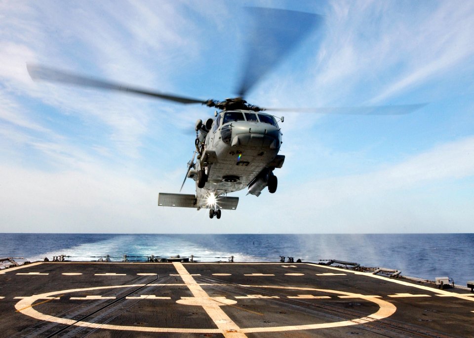 US Navy 040309-N-4374S-014 An HH-60H Seahawk assigned to the Red Lions of Helicopter Anti-Submarine Squadron One Five (HS-15) approaches the flight deck aboard the guided missile frigate Taylor (FFG 50)
