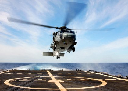 US Navy 040309-N-4374S-014 An HH-60H Seahawk assigned to the Red Lions of Helicopter Anti-Submarine Squadron One Five (HS-15) approaches the flight deck aboard the guided missile frigate Taylor (FFG 50)