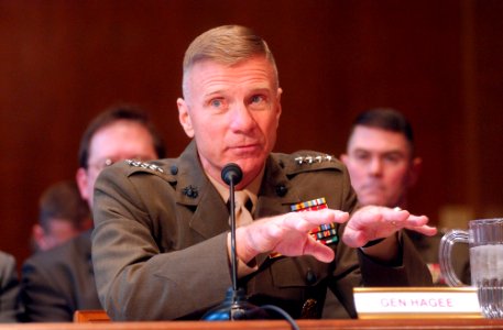 US Navy 040310-N-2568S-055 Gen. Michael W. Hagee, Commandant of the Marine Corps, gives testimony to members of the Senate Appropriations Committee concerning the Fiscal Year 2005 National Defense Authorization Budget Request f photo
