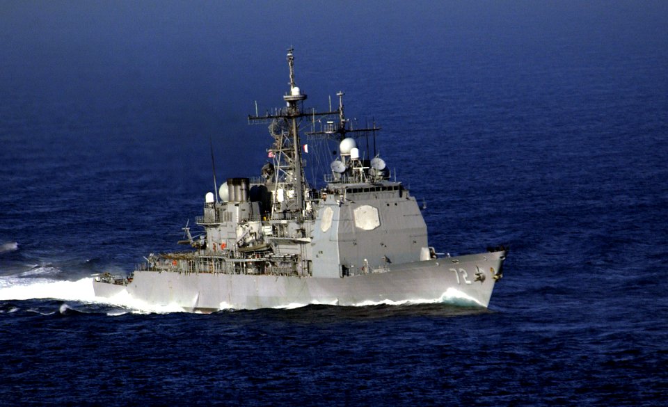 US Navy 040201-N-5319A-007 The Ticonderoga-class guided missile cruiser USS Vella Gulf (CG 72) joins USS George Washington (CVN 73) and Carrier Air Wing Seven (CVW-7) as they transit the Straits of Gibraltar