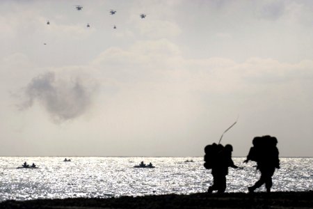 US Navy 040326-F-0193C-030 Republic of Korea Marines charge the beach at the beginning of a simulated amphibious assault on Pohang Beach, Korea