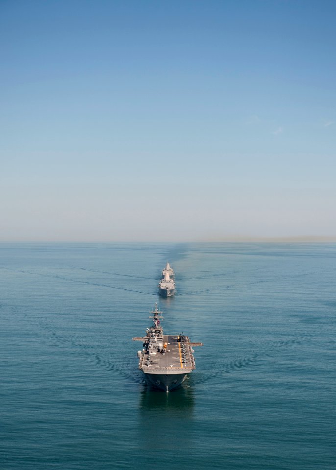 US Navy 110831-N-PM781-007 USS Wasp (LHD 1), USS New York (LPD 21) and USS San Antonio (LPD 17) transit in formation during a training exercise