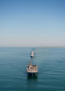 US Navy 110831-N-PM781-007 USS Wasp (LHD 1), USS New York (LPD 21) and USS San Antonio (LPD 17) transit in formation during a training exercise
