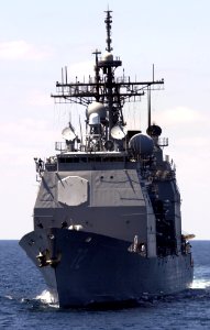 US Navy 040221-N-5319A-002 The guided missile cruiser USS Vella Gulf (CG 72) pulls along side of USS George Washington (CVN 73)