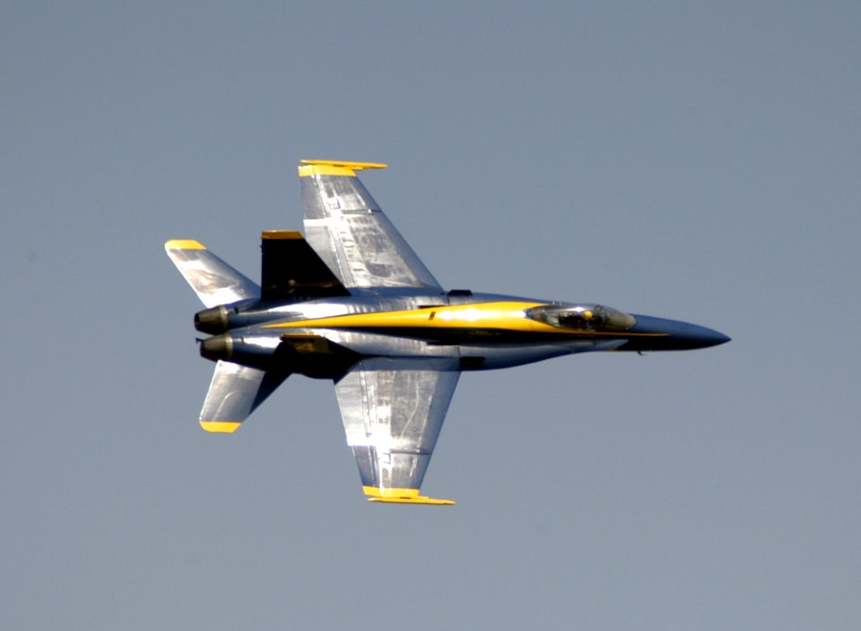 US Navy 040514-N-0295M-049 A Blue Angels F-A-18A Hornet makes a pass past the crowd at the 2004 Joint Service Open House