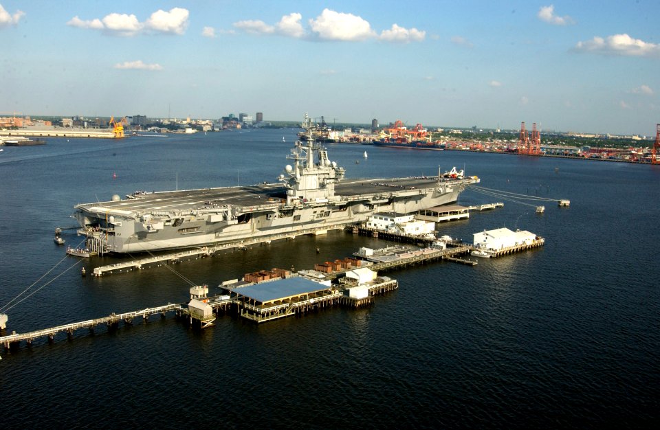 US Navy 040514-N-4614W-038 The U.S. Navy's newest aircraft carrier USS Ronald Reagan (CVN 76) prepares for deperming at Naval Station Norfolk Lambert's Point Deperming Station, near Portsmouth, Va. Deperming piers are used to d