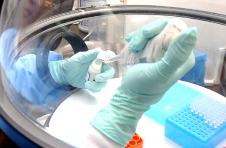 US Navy 040427-N-0000W-028 Using protective gloves under a protective hood, civilian technician Erlin Listiyaningsih of the NAMRU-2 Laboratory, Jakarta, Indonesia, conducts specialized testing to identify a deadly pneumonia str