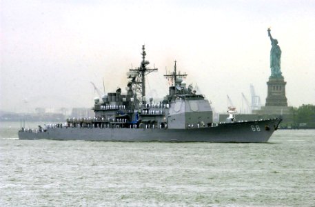 US Navy 040526-N-6371Q-049 he guided missile cruiser USS Anzio (CG 68) sails past the Statue of Liberty in New York Harbor
