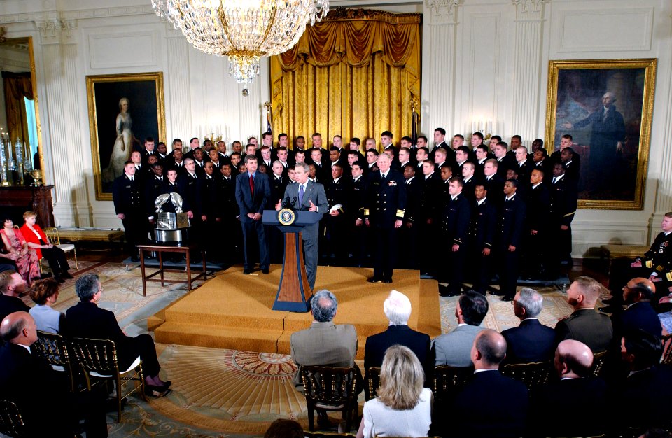 US Navy 040419-O-0000H-001 President George W. Bush speaks to assembled guests during the official presentation of the Commander In Chief Trophy to the U.S Naval Academy football team