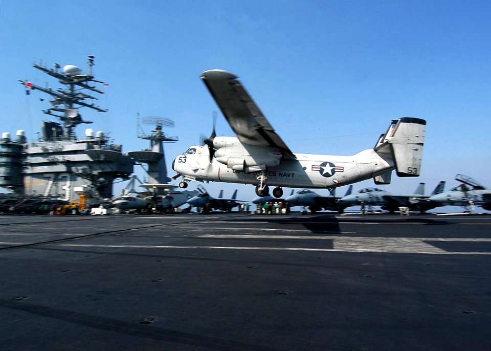 US Navy 040410-N-6278K-088 A C-2A Greyhound assigned to the Rawhides of Fleet Logistics Support Squadron Four Zero (VRC-40) makes an arrested landing on the flight deck aboard USS George Washington (CVN 73)