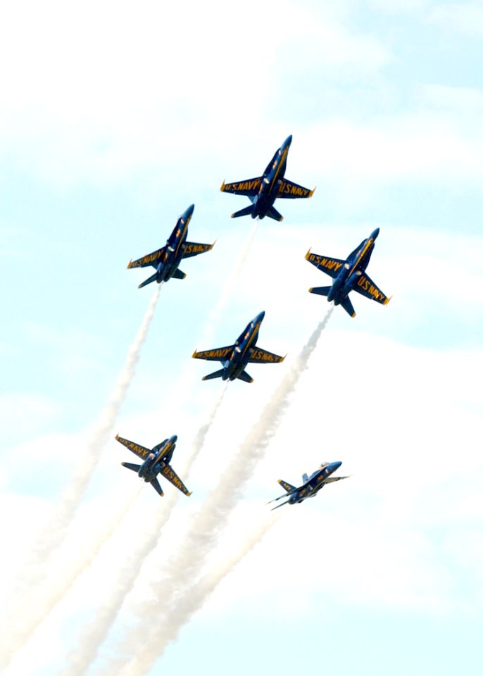US Navy 040406-N-7559C-001 U.S. Navy Flight Demonstration Squadron Blue Angels perform a maneuver know as the Fleur De Lis