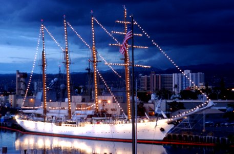 US Navy 040517-N-3019M-003 The Chilean Tall Ship Esmeralda sits in Pearl Harbor at sunset, while on a four-day port visit before heading to Japan