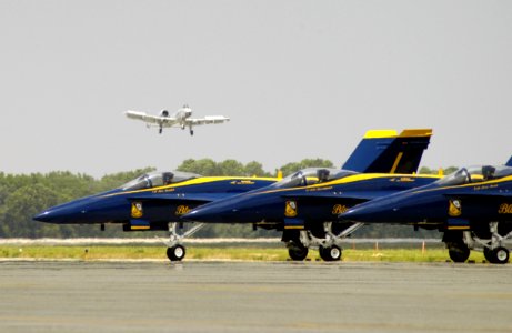 US Navy 040514-N-0295M-026 A U.S. Air Force A-10A Thunderbolt II comes in for a landing behind the parked Blue Angels F-A-18A Hornets