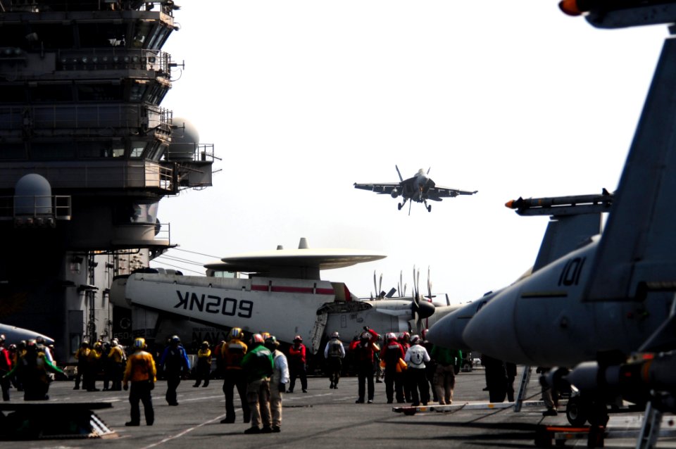 US Navy 110621-N-UO379-200 An F-A-18E Super Hornet makes its final approach to USS Ronald Reagan (CVN 76)