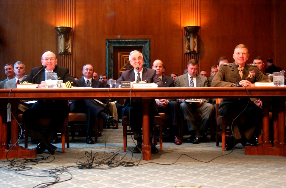 US Navy 040310-N-2568S-049 From left to right, Adm. Vern Clark, Chief of Naval Operations (CNO), the Honorable Gordon R. England, Secretary of the Navy, and Gen. Michael W. Hagee, Commandant of the Marine Corps, share testimony